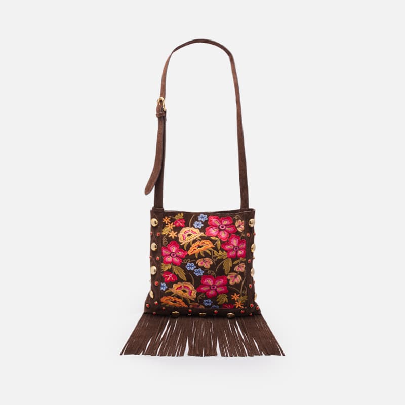 BOLSA CROSSBODY BORDADA COM FRANJA MARROM